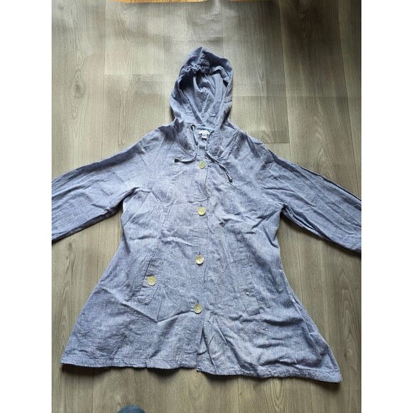 Sarid Olsen Hooded Blue Linen Blend Button-Up Jacket Medium W/ Side Pockets - Picture 9 of 12